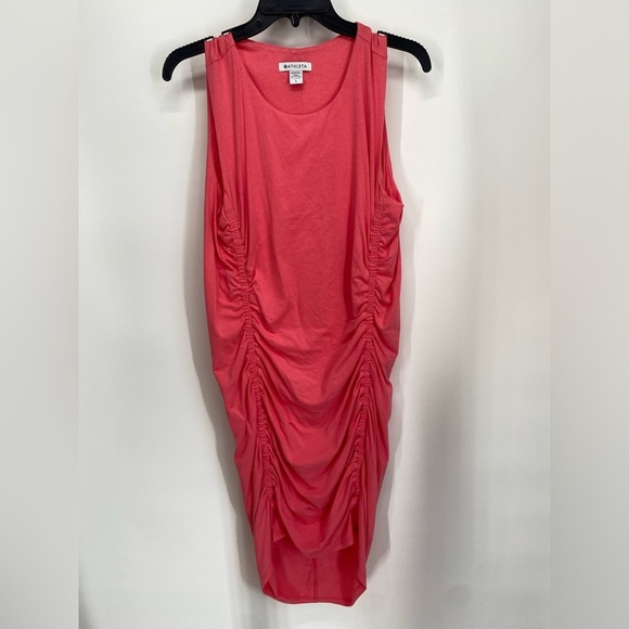 ATHLETA PINK CORAL RUCHED BODYCON LINED STELLA DRESS - Picture 7 of 8